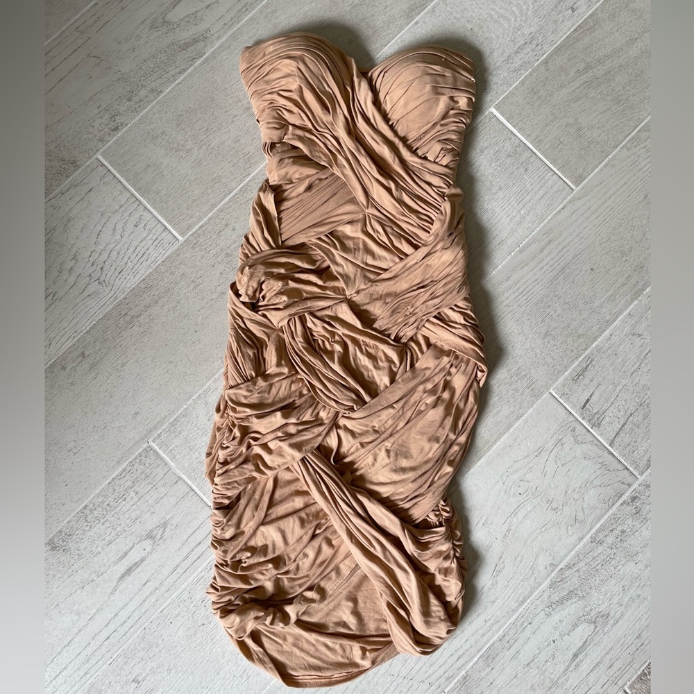 Shakuhachi Strapless Ruched Dress in Tan
